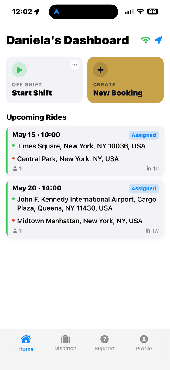 Driver dashboard — Open Limo Chauffeur App