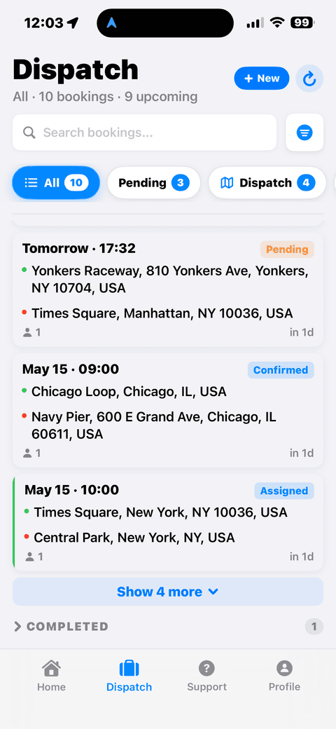 Dispatch list with filter chips — Open Limo Chauffeur App