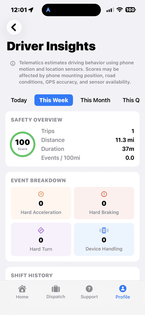 Driver Insights screen with safety score and event breakdown — Open Limo Chauffeur App
