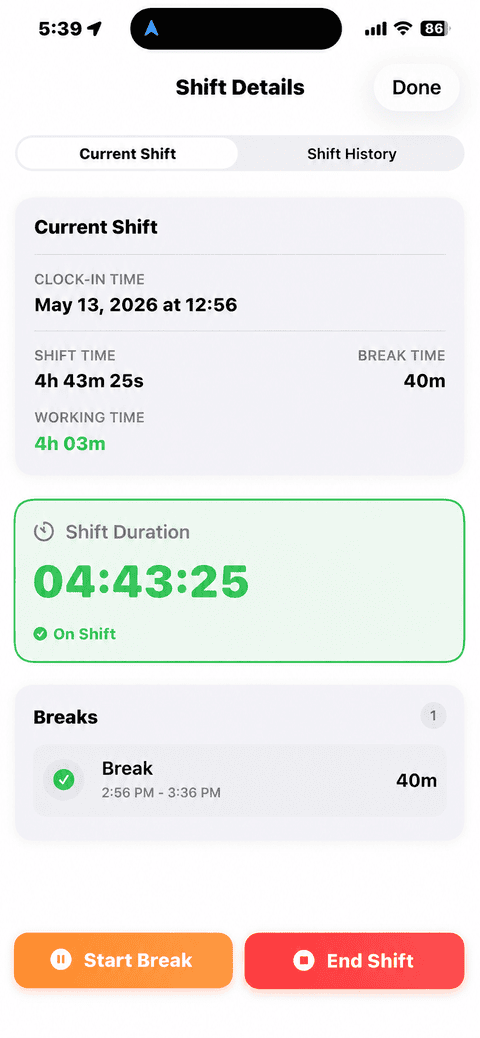Shift details — Open Limo Chauffeur App