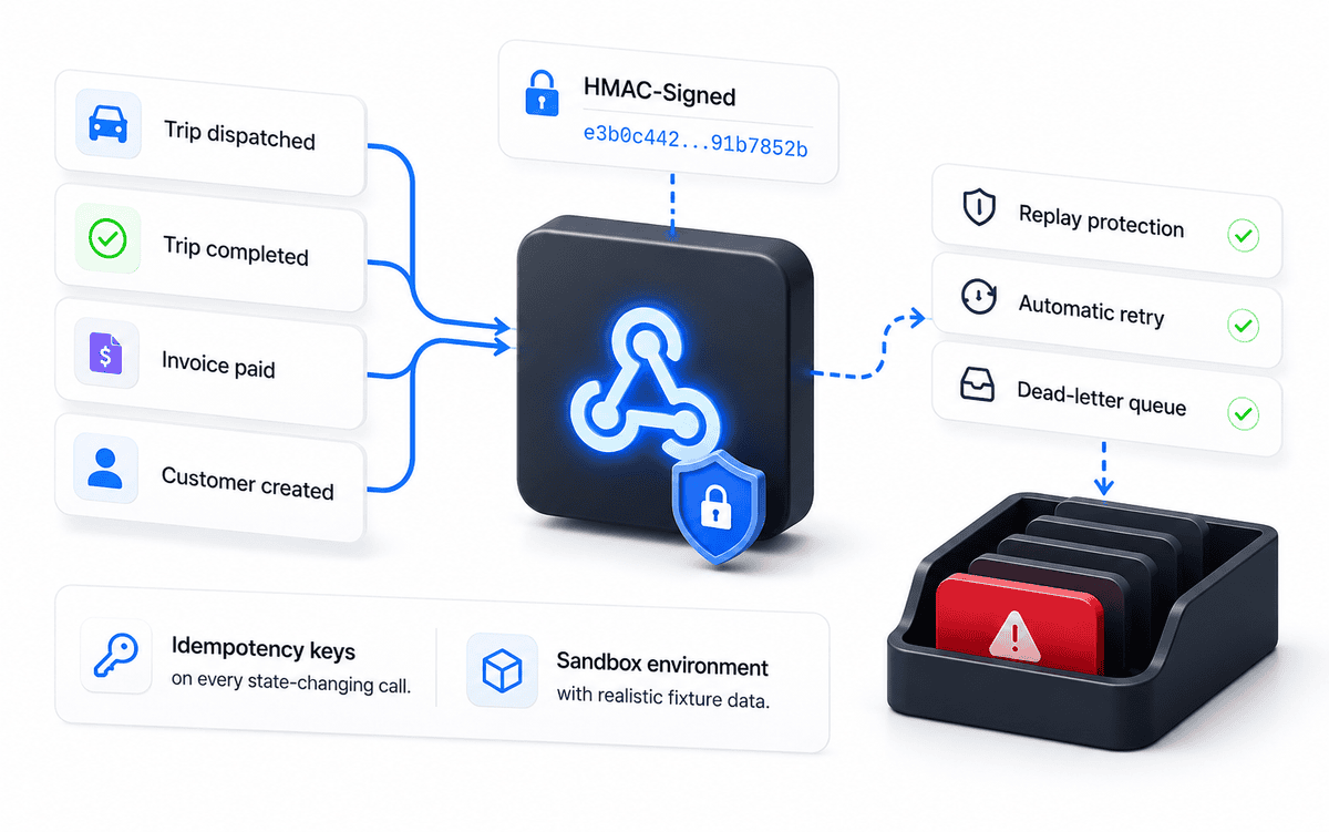 HMAC-signed webhooks with replay protection, automatic retry, dead-letter queue