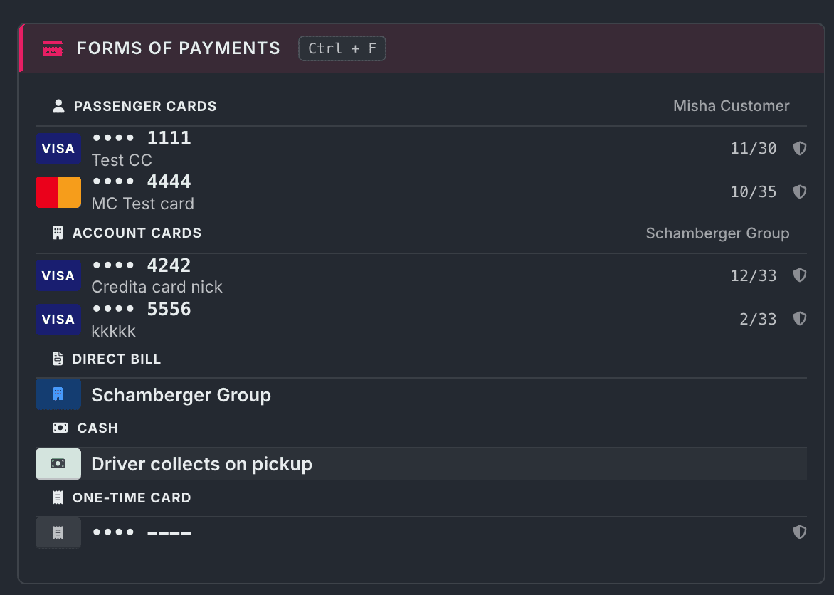 Forms of payment, dark theme — Open Limo