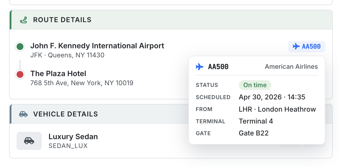Route details with live flight status — Open Limo